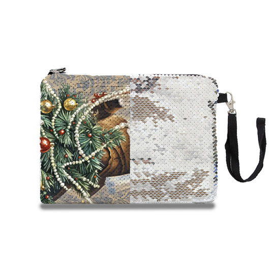 Kitty & Christmas Tree & Girl Sequined Cosmetic Bag